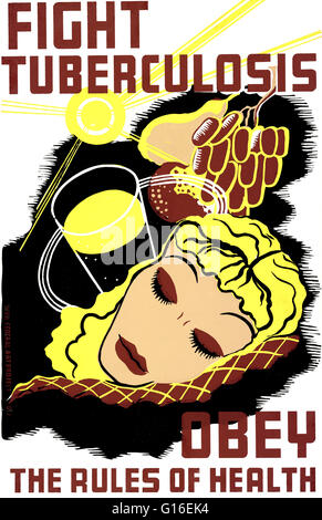Entitled: 'Fight tuberculosis - obey the rules of health'. Poster promoting better health care through the prevention of tuberculosis by better eating and sleeping habits, and more exposure to sunshine. The Federal Art Project (FAP) was the visual arts ar Stock Photo