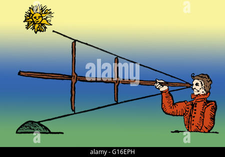 Colorized illustration of the cross-staff, or fore-staff. This navigational instrument is composed of a square staff and three vanes of different lengths. The sides of the staff have different scales, each corresponding to one of the vanes. When observing Stock Photo