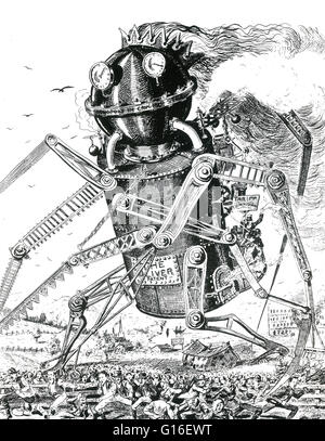 Political cartoon showing the Oliver Patent - Monopoly in Crucible Steel - as a giant steam driven robot rampaging through a scattering crowd of people, with the Tariff Commission riding on its back. A building labeled 'Implement Factory' and a sign, 'No Stock Photo
