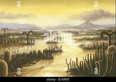 Devonian period landscape, between 418 and 362 million years ago and the fourth period of the Paleozoic Era. The Devonian is known for its armor-plated fishes, brachiopods, crinoids and ammonites. The plants on land are Asterophyllites, similar to modern- Stock Photo