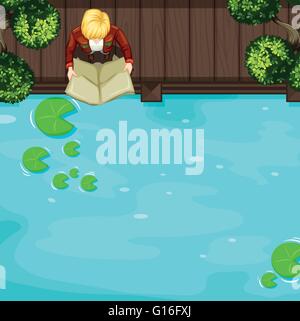 Top view of man reading near the river illustration Stock Vector