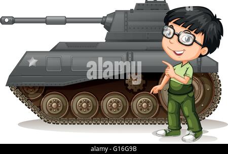 Little boy with fighting tank illustration Stock Vector