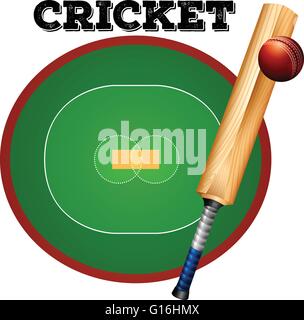 Cricket bat and ball with court background Stock Vector