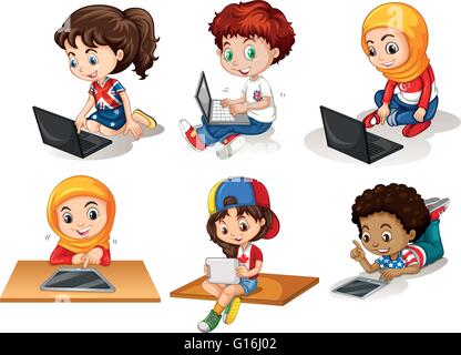 Children using computer and tablet illustration Stock Vector