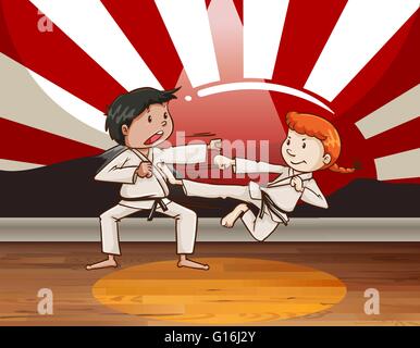 Man and woman practicing karate in the room Stock Vector