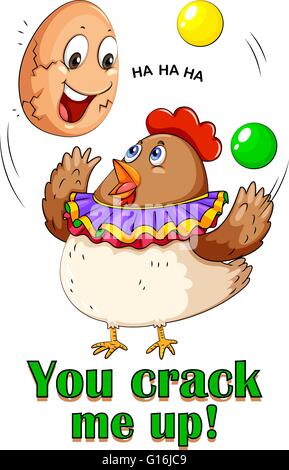 Chicken juggling balls and eggs with text Stock Vector