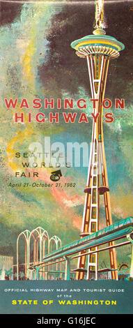 1962 illustration of the Seattle World's Fair on the cover of a State of Washington highway map and tourist guide
