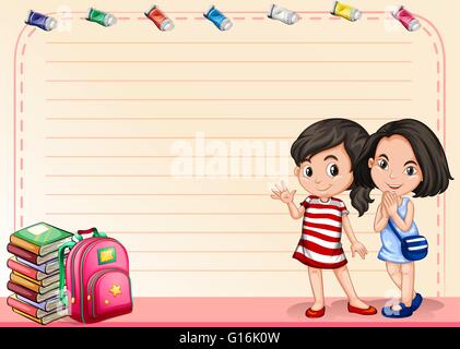 Line paper with girls and books illustration Stock Vector