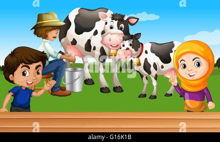 Happy cow illustration while the farmer milking Edible Birthday