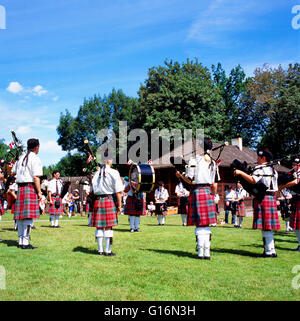 Bagpipe Band playing Bagpipes at Fort Langley National Historic Site, BC, British Columbia, Canada - Canada Day Celebration Stock Photo
