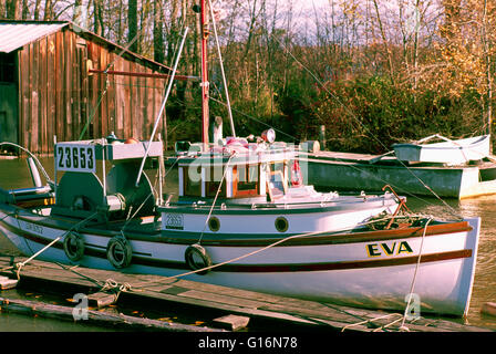 Fraser River, Richmond, BC, British Columbia, Canada - Historic Commercial Fishing Boat docked in Finn Slough, a Tidal Community Stock Photo