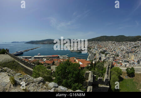 Panoramic vista of Kavala municipality peninsula with its harbor & downtown, viewed from the Citadel of Neapoli's castle, Greece Stock Photo