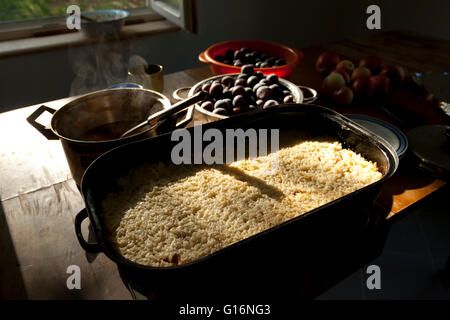 Homemade rural rice pudding with bio apples Stock Photo