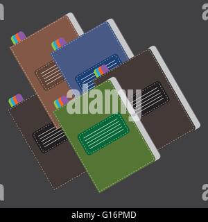 A set of colored writing notebooks card with colored marks, over a silver background, digital vector image. Stock Vector