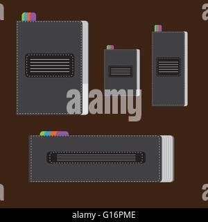 A set of silver writing notebooks of different size with colored marks, over a brown background, digital vector image. Stock Vector