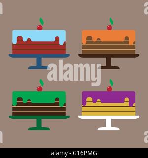 Card with four big cream layered cakes with red cherries with green leaf on top, over a brown background. Digital vector image. Stock Vector