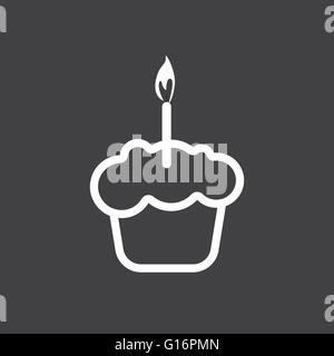 Card with a cream cake with a burning candle over a silver background, in outline style. Digital vector image. Stock Vector