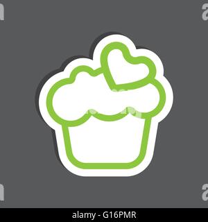 Card with a cream cake with green heart shape over a silver background, in outline style. Digital vector image. Stock Vector