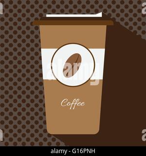 A brown cup of hot coffee with a cap and the logo of a coffee bean, in outlines, over a brown background with dots, digital vect Stock Vector