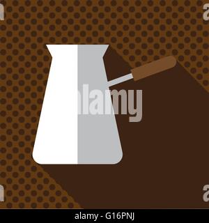A white jug of hot coffee with a handle and shadow, in outlines, over a brown background with dots, digital vector image Stock Vector