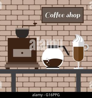 A coffee mill, a glass and a jar on a table, with coffee shop inscription, in outlines, over a brown background with bricks, dig Stock Vector