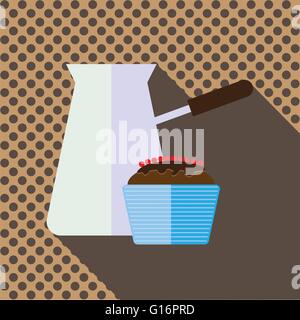 A jar of coffee with a brown chocolate cake with berries and shadow, in outlines, over a brown background with dots, digital vec Stock Vector