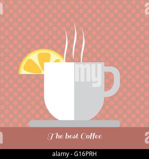 A white cup of coffee with steam and a slice of lemon on top with best coffee inscription, in outlines, over a red background wi Stock Vector