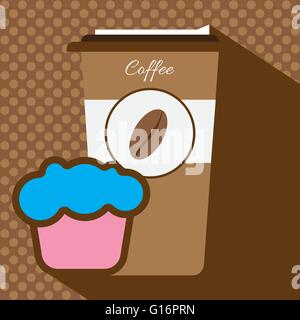 A brown coffee cup with a bean logo, a pink and blue cake, in outlines, over a brown background with dots, digital vector image Stock Vector