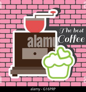A coffee mill with a green cake with heart on top and best coffee shop inscription, in outlines, over a pink background with bri Stock Vector