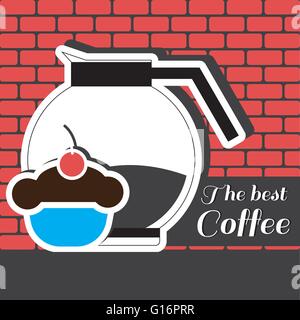 A jar of coffee with a blue cake with red cherry on top and best coffee inscription, in outlines, over a red background with bri Stock Vector