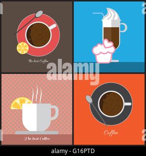 A set of coffee items, cup of coffee with bubbles,  glass with ice cream, cup with steam and a slice of lemon, in outlines, digi Stock Vector