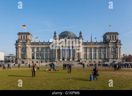 German Parliament Building Reichstag in Berlin, 1882 Paul Wallot architect, Glass dome by sir Norman Foster in 1992, Germany Stock Photo