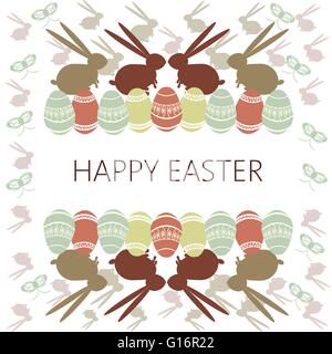 Happy Easter Card. Easter eggs and bunnies. Plain Colored Easter Eggs. Digital background vector illustration. Stock Vector