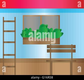 House exterior with flowers decorated at windows, a staircase and a bench. Digital background vector illustration. Stock Vector