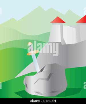 A sword in a stone, near a castle with red roof in green mountains. Digital background vector illustration. Stock Vector