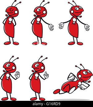 vector illustration of red ant posing in different modes on white background Stock Vector