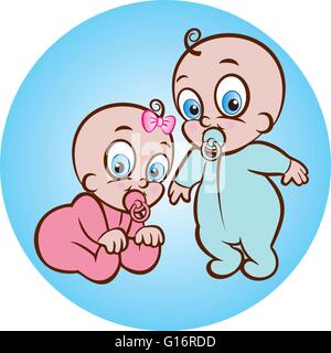 vector illustration of cute sitting baby girl and standing baby boy in sleeper Stock Vector