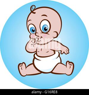 vector illustration of a baby boy sucking thumb on blue background Stock Vector