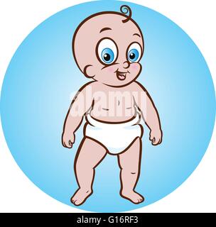 vector illustration of a cute standing baby in diaper on blue background Stock Vector