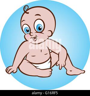 vector illustration of a cute sitting baby in diaper on blue background Stock Vector