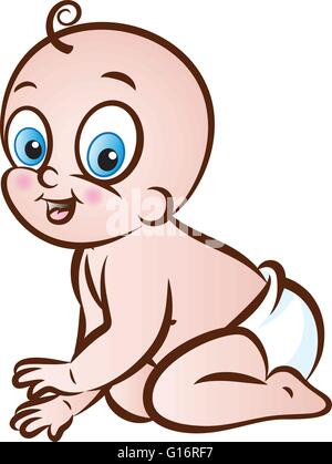 vector illustration of cute crawling baby boy in diaper Stock Vector