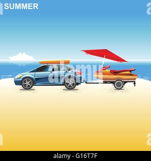 Blue crossover on a beach with a water scooter. White big liner ship on a horizon. Summer Sunny Seascape. Digital vector illustr Stock Vector