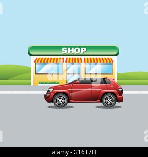 Red crossover on the road near a shop. A vehicle parked near a mini market. Suburban landscape view. Digital vector illustration Stock Vector