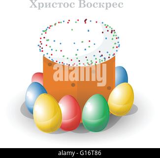 Happy Easter Russian Card. Easter Bread with Glaze, Sprinkles and Raisins. Plain Colored Easter Eggs. Easter Cake in Russia. Dig Stock Vector