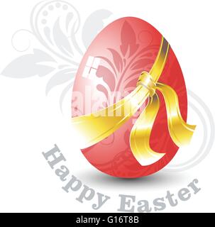 Happy Easter Card. Red Easter Egg with Floral Ornate Design and Golden Ribbon. Digital background vector illustration. Stock Vector