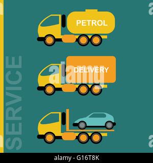 Delivery Cars. Petrol transportation truck. Car transporter. Various freighter automobiles. Isolated objects on green backdrop.  Stock Vector