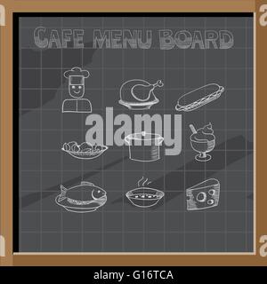 Hand drawn cafe menu board signs and food collection on chalkboard Stock Vector