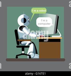 Silver humanoid robot sitting on a chair and working on a computer. Digital background vector illustration. Stock Vector
