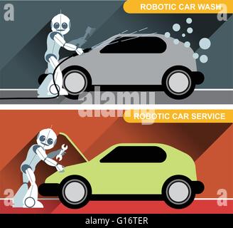 Silver humanoid robots fixing and washing cars with tools at an auto service. Digital background vector illustration. Stock Vector