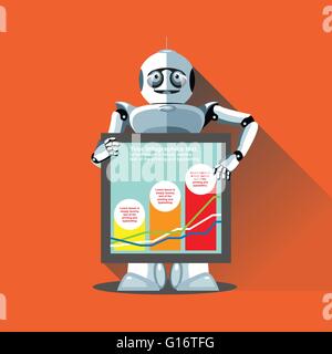 Silver humanoid robot presenting info graphic on a display. Digital background vector illustration. Stock Vector